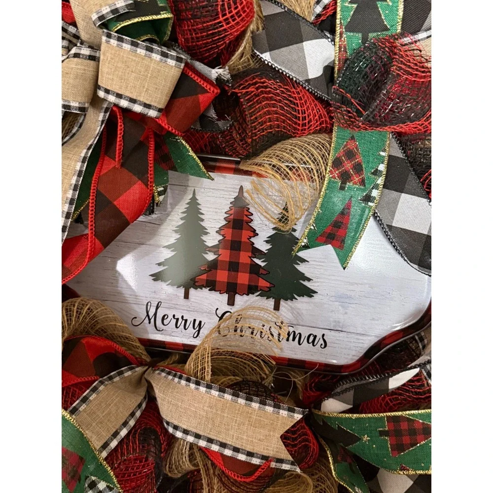 Handmade Christmas Deco Mesh Wreath Merry Christmas Buffalo Plaid Rustic Decor
